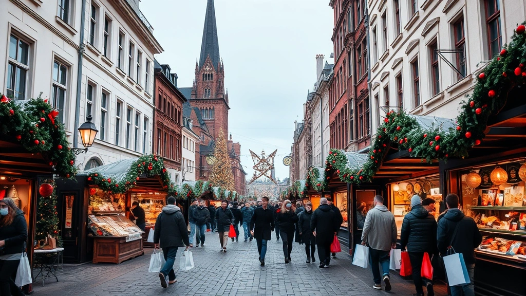 Festive downtown street scene during Christmas market with historic buildings, holiday decorations, vendor booths, and visitors shopping with shopping bags