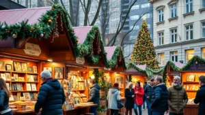 Vibrant outdoor Christmas market stall with handcrafted gifts, wooden booths, warm string lights, and diverse shoppers browsing merchandise in urban setting