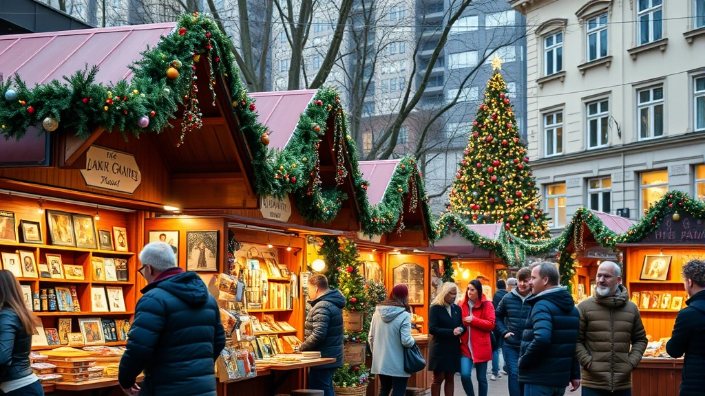 Vibrant outdoor Christmas market stall with handcrafted gifts, wooden booths, warm string lights, and diverse shoppers browsing merchandise in urban setting