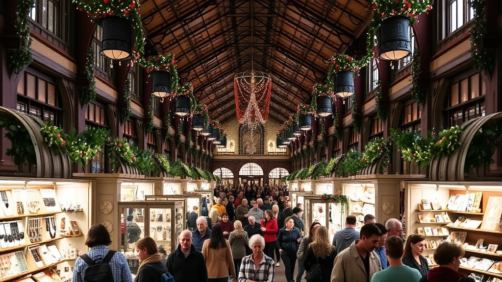 Bustling indoor holiday market hall with vendor booths displaying jewelry, home décor, and artisanal products, crowds of holiday shoppers, festive decorations overhead