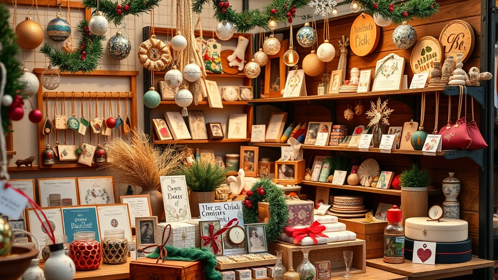 Close-up of artisan vendor booth featuring handmade goods, ornaments, and unique gift items with professional product displays and price signage, warm winter lighting