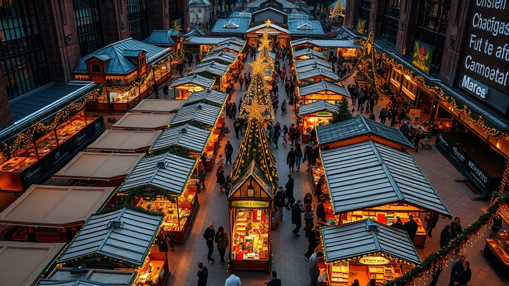 Aerial overhead view of crowded outdoor Christmas market with vendor booths, holiday decorations, and shoppers browsing merchandise displays, warm golden lighting at dusk