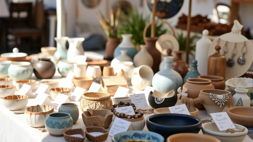 Close-up of diverse handmade artisan products on vendor table including ceramics, jewelry, and home décor items with price cards, natural daylight