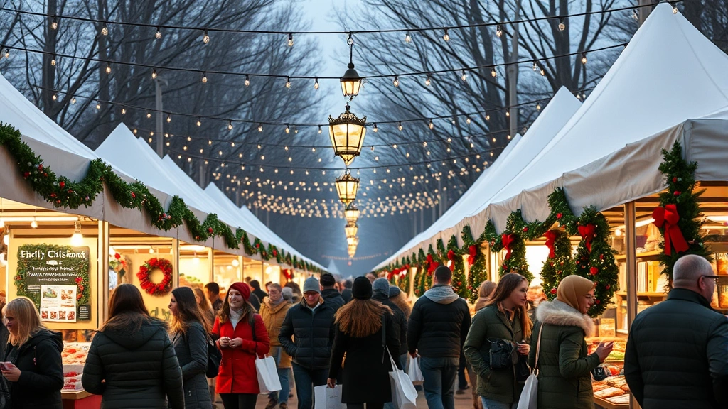 Busy holiday market scene with multiple vendor tents, string lights overhead, diverse shoppers with shopping bags, festive wreaths and garland decorations