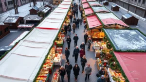 Overhead shot of bustling outdoor Christmas market with vendor stalls displaying handmade gifts, wreaths, and holiday merchandise. Customers walking between colorful booths with professional canopy structures. Winter atmosphere with decorative lighting and seasonal displays visible.
