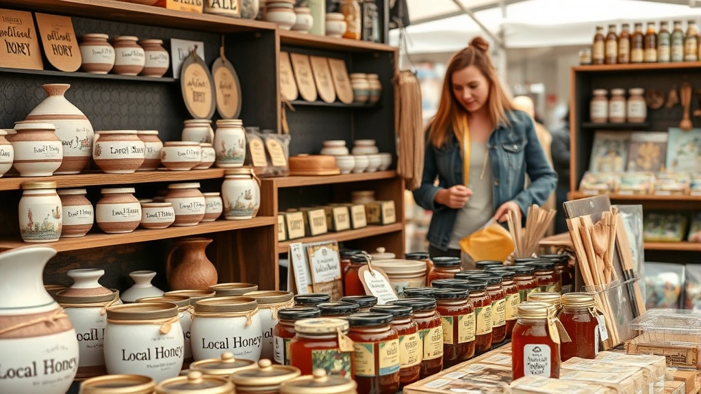 Close-up of artisan vendor at market stall arranging handcrafted products - ceramic items, local honey jars, and packaged goods. Professional display with organized shelving and branded signage. Customer in background browsing merchandise with genuine interest.