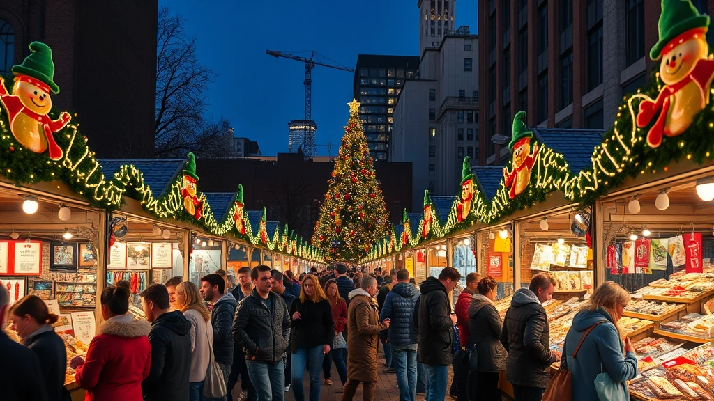 Wide shot of illuminated evening Christmas market in urban Seattle setting with vendor booths, holiday decorations, and crowds of shoppers. Professional lighting creating warm ambiance. Mixed demographic customers of various ages examining products and making purchases at different stalls.