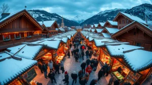 Overhead wide-angle view of a crowded European Christmas market with wooden stalls, colorful lights, and snow-covered ground, showing bustling crowds shopping among vendor booths with Alpine mountains visible in background