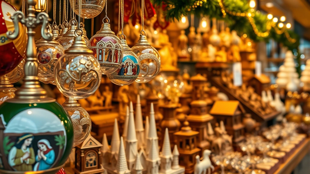 Close-up of artisan vendor displaying hand-blown glass ornaments, carved wooden nativity scenes, and traditional crafts at a market stall with warm golden lighting and festive garland decorations