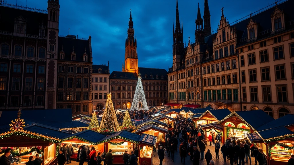 Twilight scene of a European historic square transformed into a Christmas market, illuminated by thousands of lights, decorated stalls, and crowds of shoppers, with Gothic architecture and historic buildings framing the marketplace