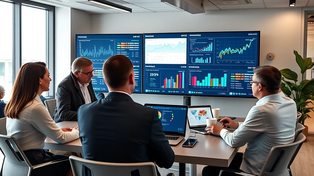Professional business meeting with diverse executives reviewing digital marketing analytics on large displays, modern office environment with technology integration, data visualization dashboards visible, focused collaborative atmosphere