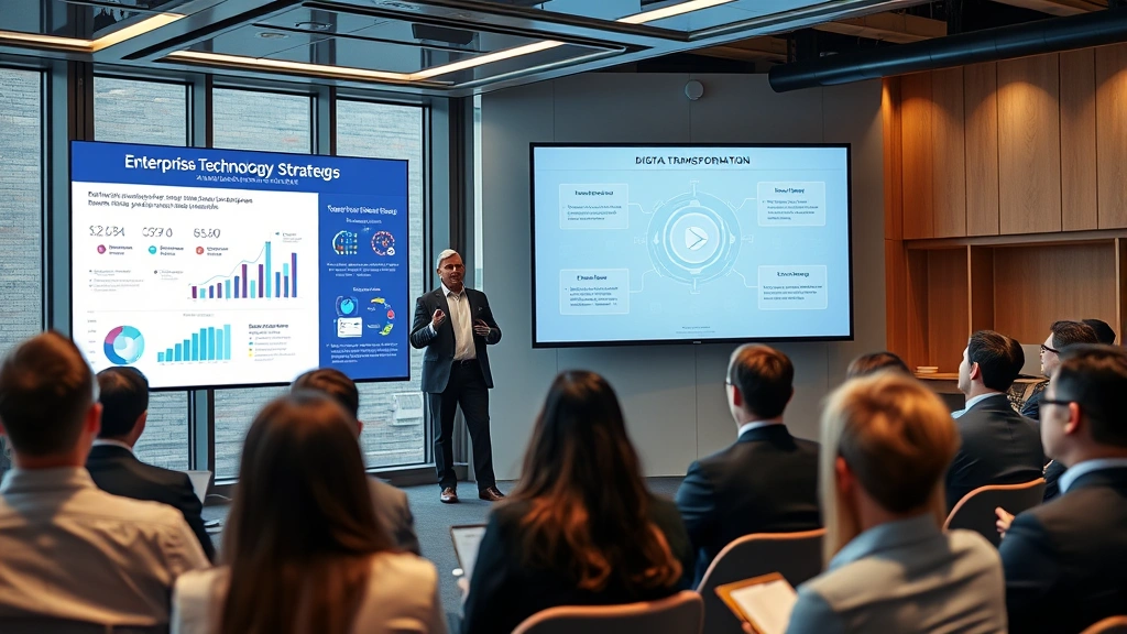 Enterprise technology leader presenting strategy to audience in modern conference setting, professional business attire, presentation screens showing market trends and digital transformation concepts, engaged audience taking notes