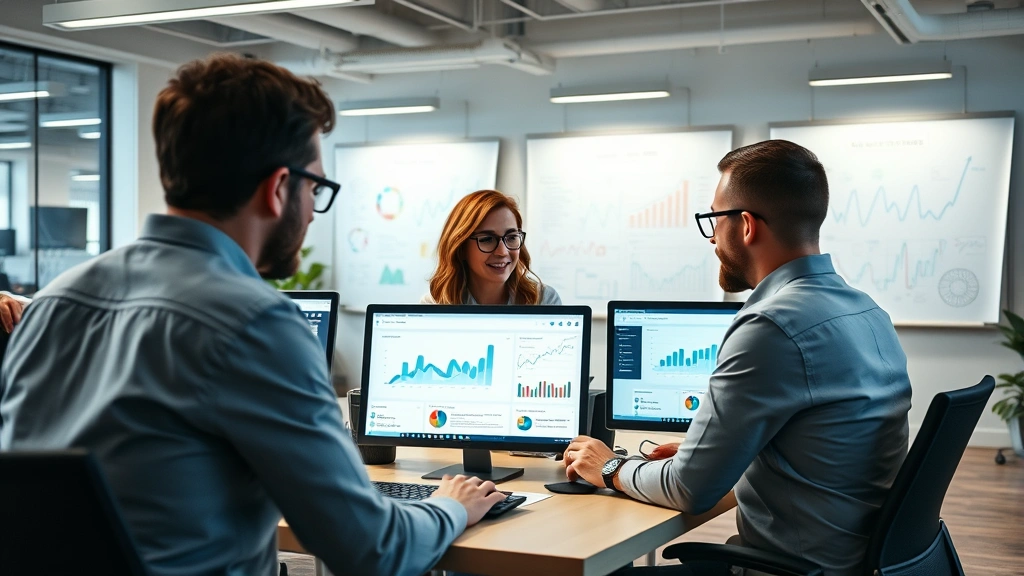 Team of marketing professionals analyzing customer data and campaign performance metrics on computer screens in contemporary office, whiteboards with strategic planning visible, collaborative workspace with technology infrastructure