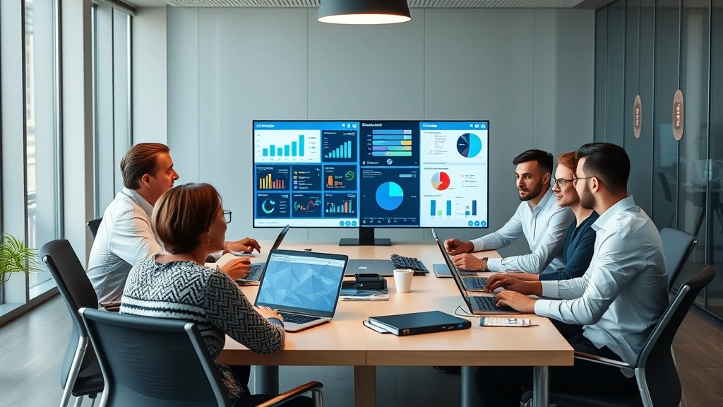 Diverse marketing professionals collaborating around conference table with technology, discussing strategy with digital displays showing analytics and customer data, modern corporate office setting