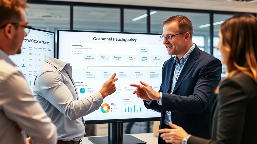 Businesspeople reviewing customer journey on digital interface, showing omnichannel touchpoints across devices, data visualization on screens, professional office environment with focus on technology integration