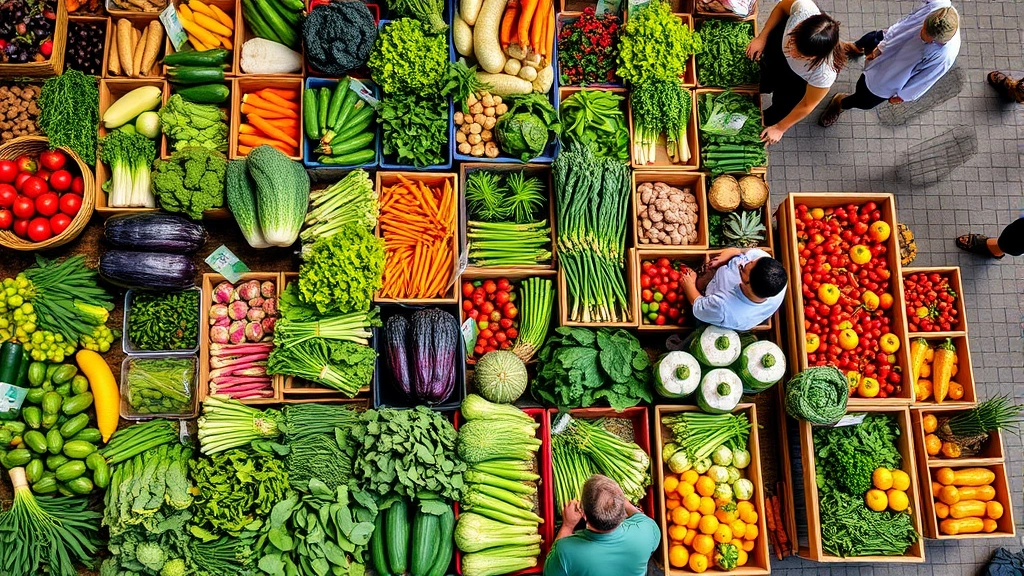 Overhead view of vibrant fresh produce display at farmers market with organic vegetables, leafy greens, and seasonal fruits arranged in wooden crates and baskets, natural daylight illuminating textures and colors, diverse shoppers selecting items