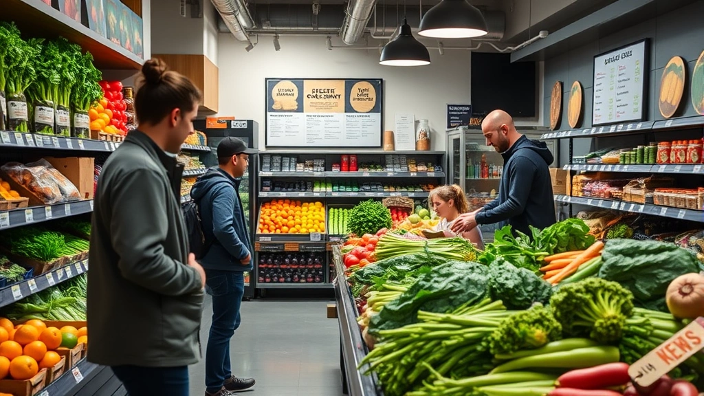 Urban grocery store interior showing well-organized produce section with fresh local vegetables, modern lighting highlighting product quality, staff member assisting customer, clean organized shelving with clear labeling, community bulletin board in background