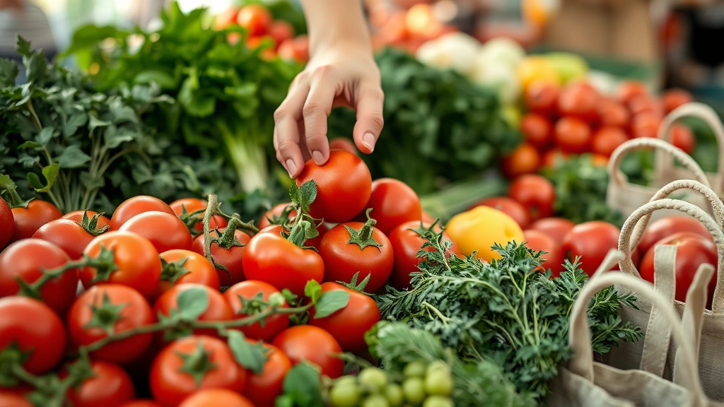 Close-up of hands selecting fresh tomatoes and herbs from market display, seasonal vegetables in foreground, farmers market aesthetic, natural lighting showing product freshness and quality, shopping bags visible at edges