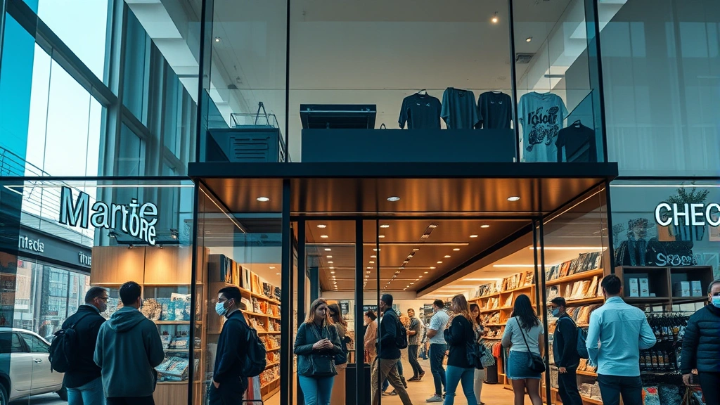 Modern urban retail storefront with customers shopping, bright natural lighting, contemporary interior design, diverse shoppers browsing products, professional photography