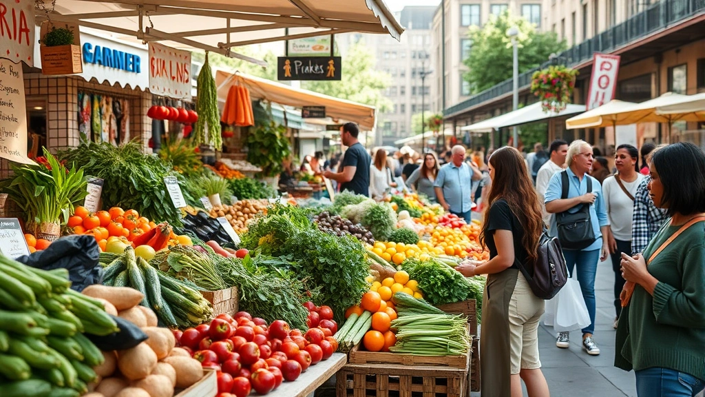City market vendor stall with fresh local products, organic farmers market setting, natural daylight, bustling urban marketplace atmosphere, community shoppers engaging