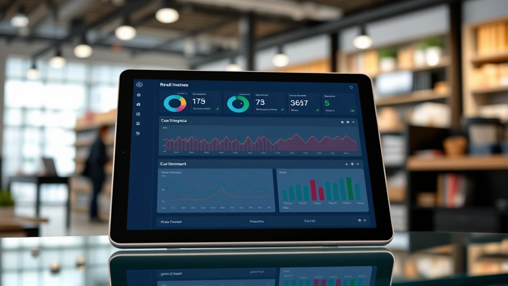 Digital retail dashboard on tablet showing analytics metrics, inventory management, customer data visualization, modern office or retail workspace background
