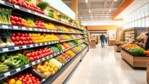 Professional photograph of a bright, modern grocery store produce section with vibrant fresh vegetables, apples, and citrus fruits displayed on tiered shelving, natural lighting highlighting product colors, shoppers browsing in background, clean floor and organized layout