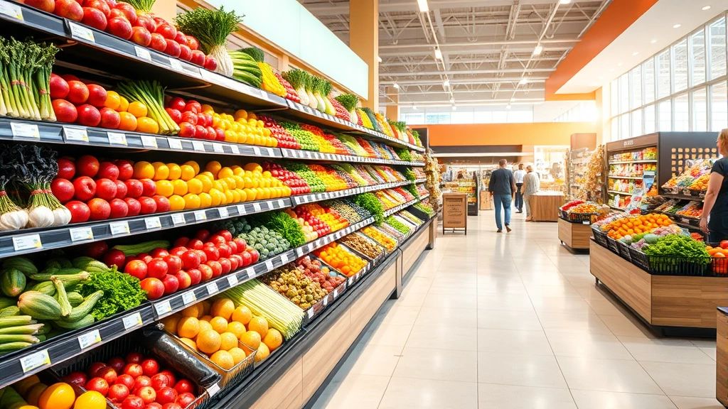 Professional photograph of a bright, modern grocery store produce section with vibrant fresh vegetables, apples, and citrus fruits displayed on tiered shelving, natural lighting highlighting product colors, shoppers browsing in background, clean floor and organized layout