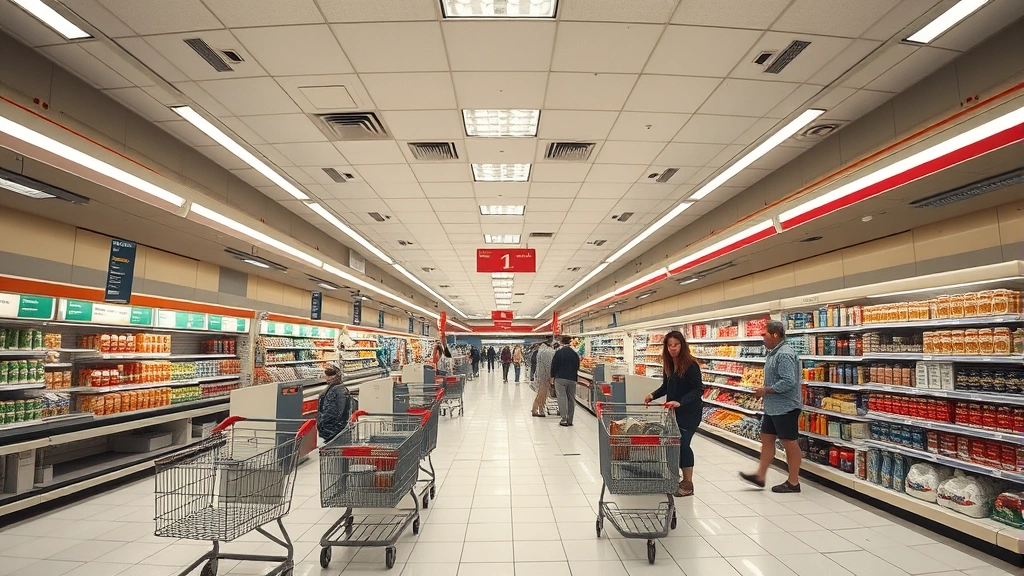 Wide-angle shot of full supermarket interior showing checkout lanes, overhead signage, shopping carts, and customers throughout the store, professional retail environment with bright fluorescent lighting, clean tile flooring, organized product displays on shelves