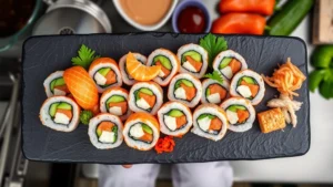 Professional overhead shot of fresh sushi rolls arranged on black slate plate with garnish, vibrant colors, well-lit professional kitchen setting, representing quality grocery store prepared foods