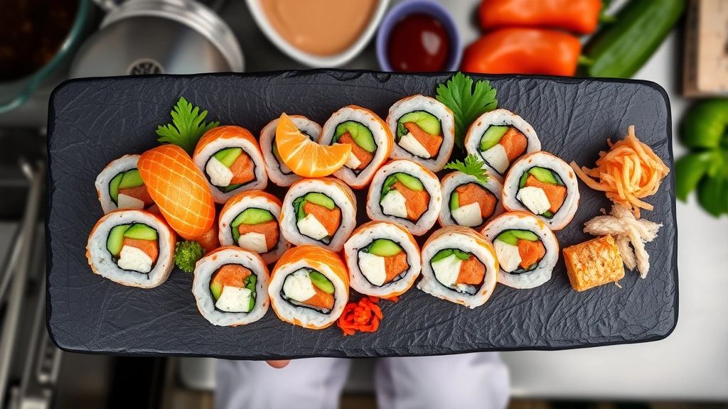 Professional overhead shot of fresh sushi rolls arranged on black slate plate with garnish, vibrant colors, well-lit professional kitchen setting, representing quality grocery store prepared foods