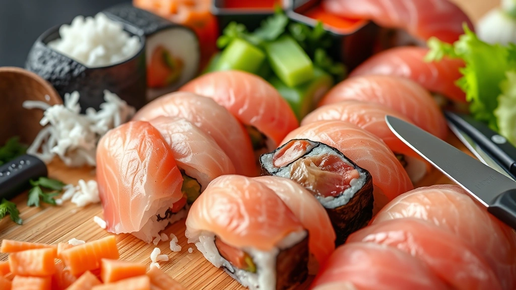 Close-up detail of premium sushi ingredients including fresh fish, rice, nori, and vegetables arranged professionally on cutting board with preparation tools, emphasizing freshness and quality standards