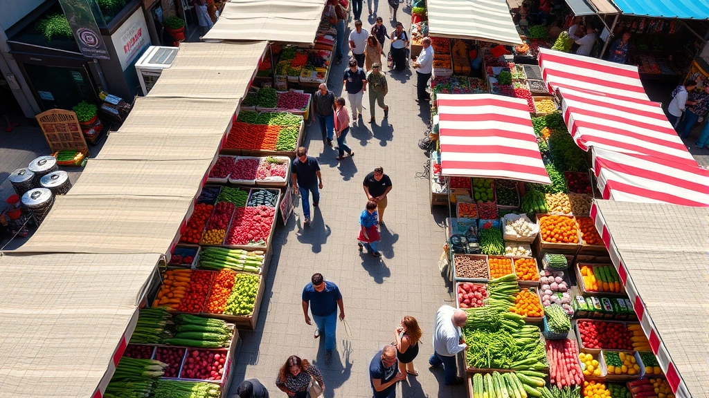 Aerial view of busy farmers market with colorful produce vendor stalls, customers browsing fresh vegetables and fruits, natural daylight, vibrant market atmosphere, people shopping between multiple vendor booths with canopies