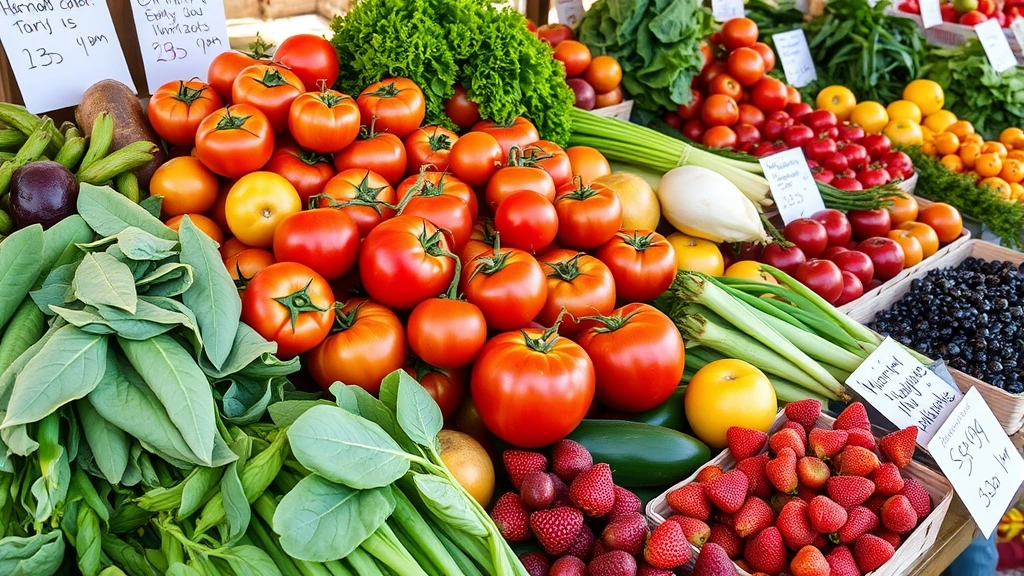 Close-up of fresh produce display including heirloom tomatoes, organic leafy greens, seasonal vegetables, and berries arranged on wooden vendor table with handwritten price signs, natural lighting highlighting product quality and colors