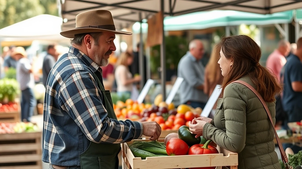 Vendor-customer interaction at farmers market stand, farmer explaining produce to customer, wooden crate of fresh vegetables visible, community atmosphere, genuine commerce moment, outdoor market setting with other vendors in background