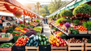 Vibrant outdoor farmers market display with multiple vendor stalls showcasing fresh colorful produce including vegetables, fruits, and flowers in wooden crates and baskets during bright morning sunlight