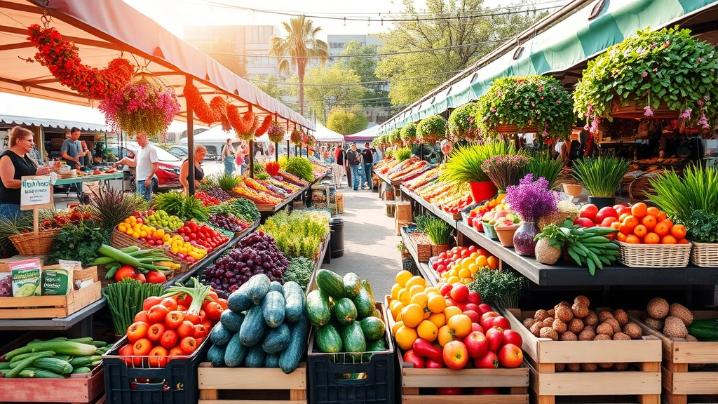 Vibrant outdoor farmers market display with multiple vendor stalls showcasing fresh colorful produce including vegetables, fruits, and flowers in wooden crates and baskets during bright morning sunlight