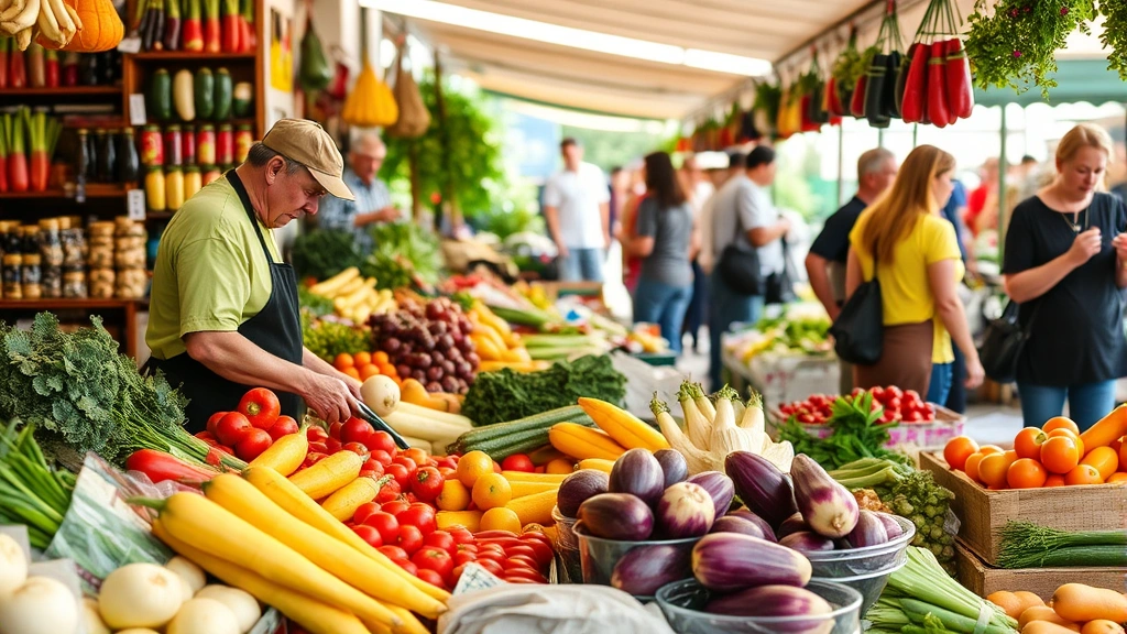 Farmers market vendor arranging fresh produce with customers browsing colorful vegetables and fruits at outdoor market stall during daytime with natural lighting