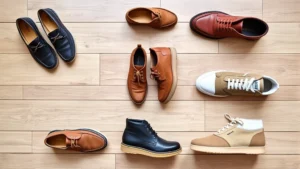 Professional flat-lay photography of diverse Clarks shoe collection arranged on wooden surface, showing casual loafers, desert boots, and contemporary sneakers in neutral earth tones, natural daylight, minimal shadows, clean composition