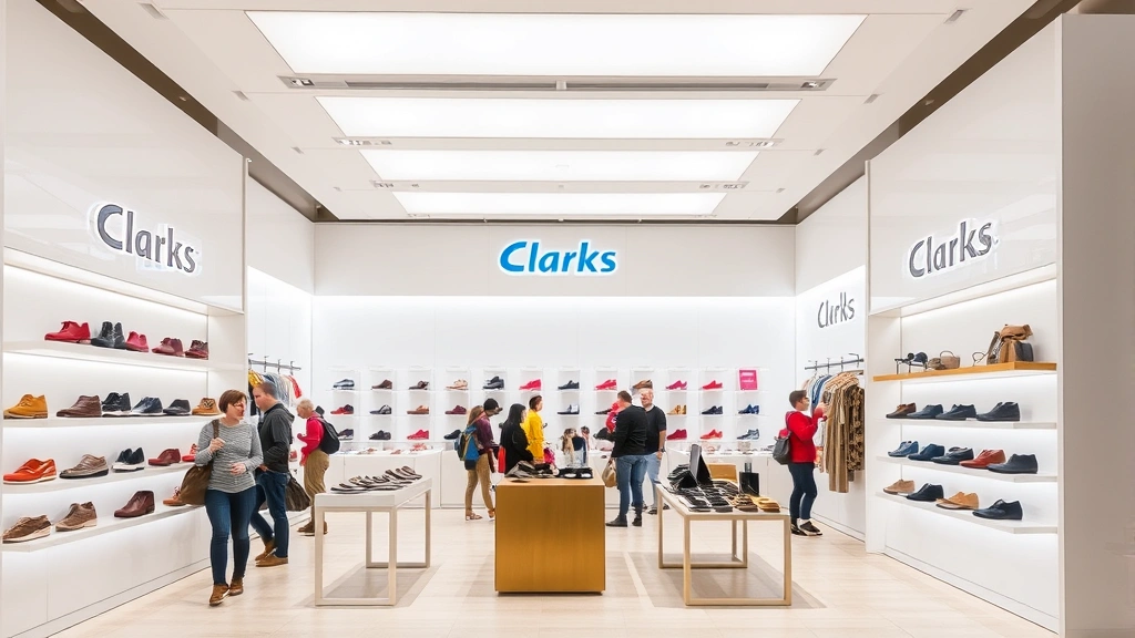 Modern retail store interior featuring Clarks branded shoe displays with minimalist white shelving, contemporary lighting, diverse footwear samples, customers browsing, bright clean aesthetic, professional retail environment