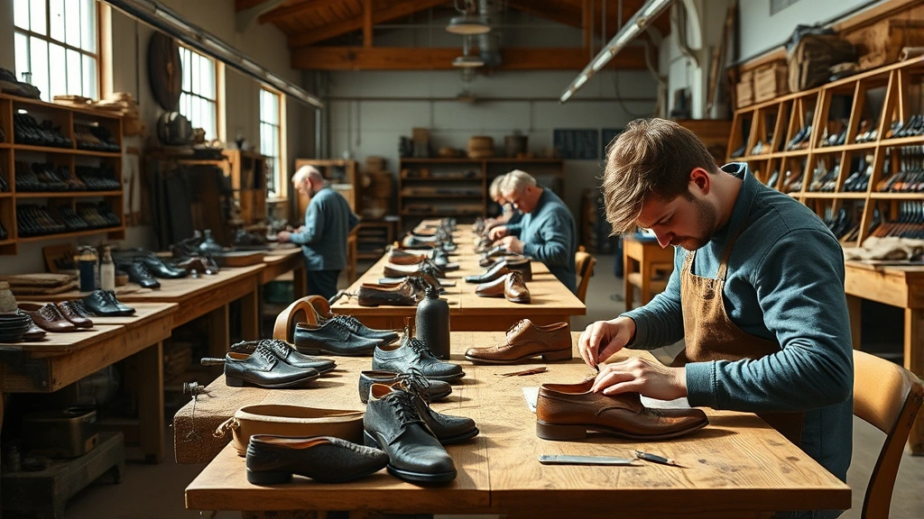 Sustainable manufacturing facility showing skilled workers crafting leather shoes at wooden workbenches, precision hand tools, quality control processes, natural lighting, heritage craftsmanship details, professional industrial photography