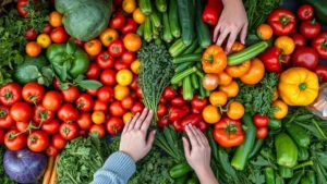 Overhead view of colorful farmers market stall with vibrant organic vegetables, ripe tomatoes, peppers, leafy greens, and fresh herbs arranged artfully, with customer hands selecting produce, natural daylight, authentic market atmosphere
