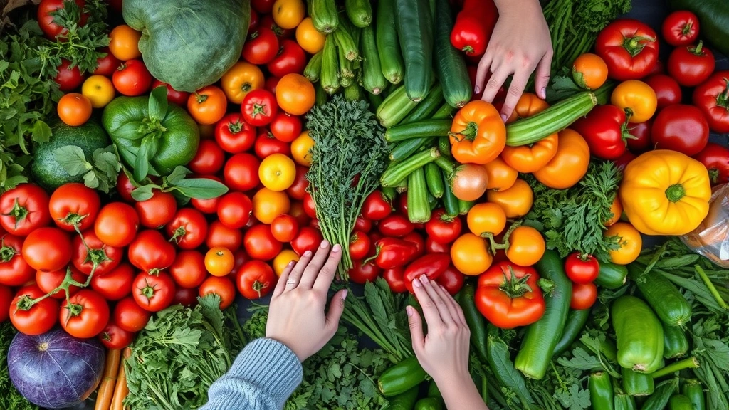 Overhead view of colorful farmers market stall with vibrant organic vegetables, ripe tomatoes, peppers, leafy greens, and fresh herbs arranged artfully, with customer hands selecting produce, natural daylight, authentic market atmosphere