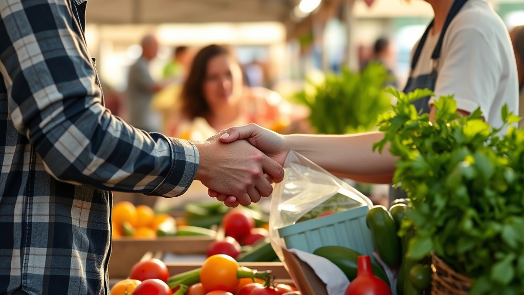 Close-up of vendor and customer at farmers market exchanging fresh produce, warm interaction, handshake or friendly conversation, community connection, morning light, genuine human moment