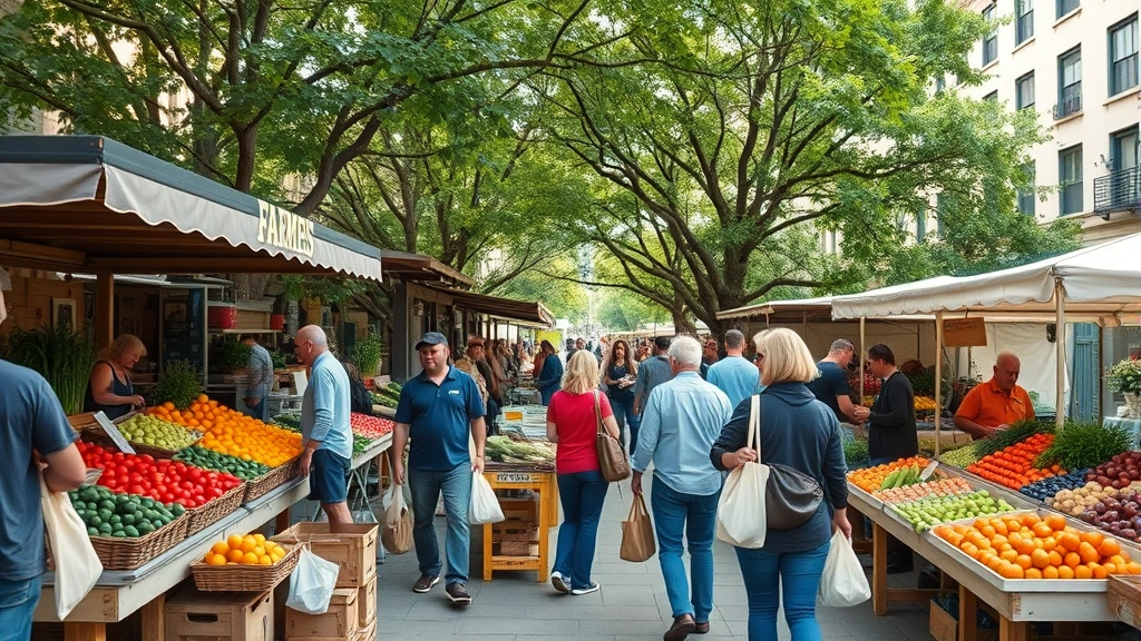 Wide shot of busy farmers market outdoor setting with multiple vendor stalls, customers browsing with reusable bags, colorful produce displays, trees providing natural shade, urban neighborhood setting, authentic community gathering
