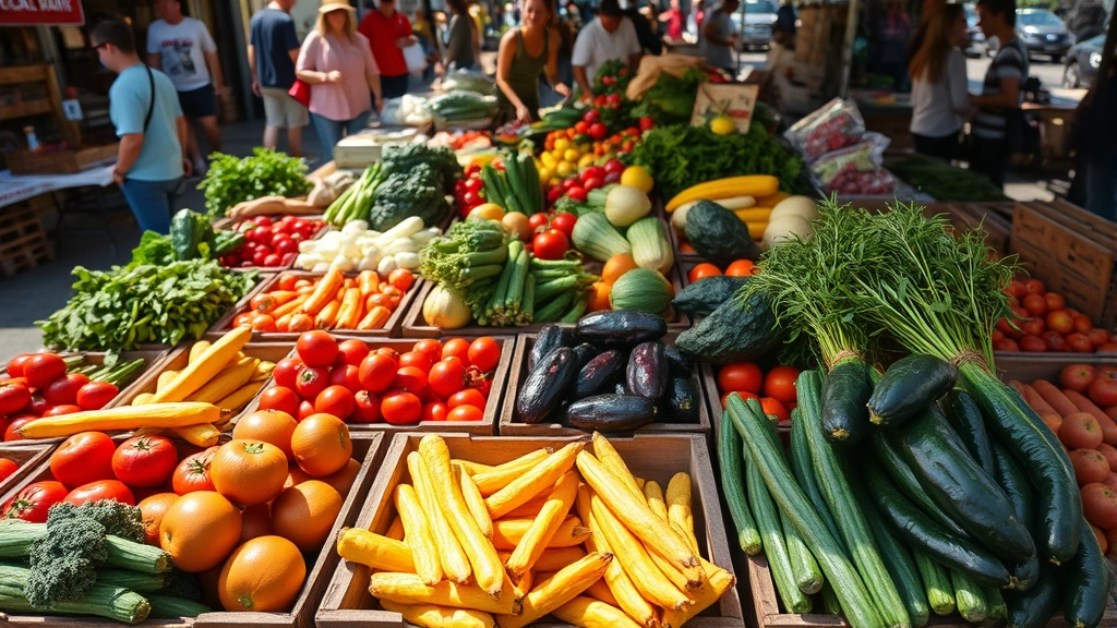Overhead view of colorful fresh farmers market vegetables and produce arranged in wooden crates at outdoor market stand, bright natural daylight, customers browsing in soft focus background