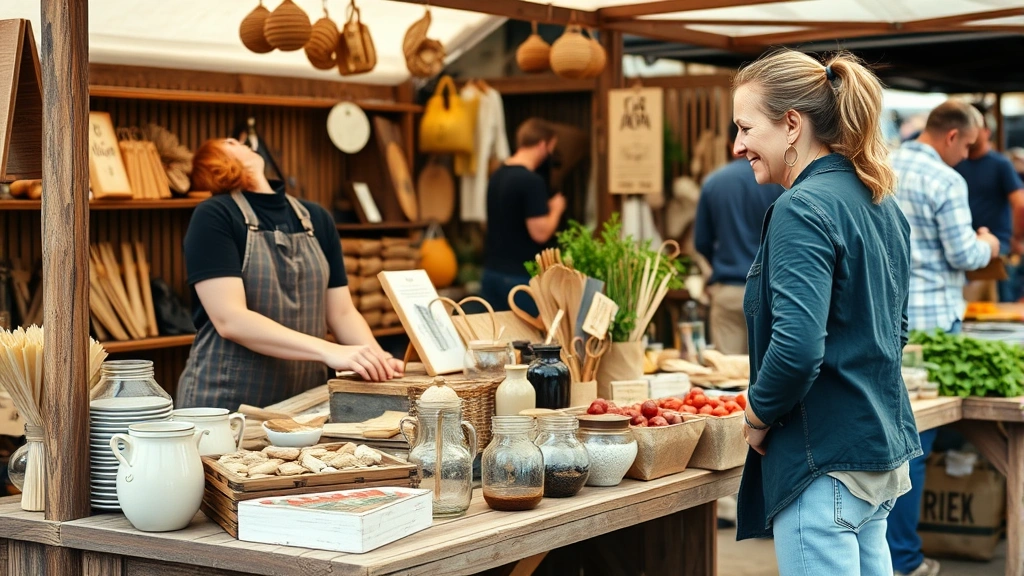 Small business vendor woman arranging artisan handmade goods on rustic wooden market booth display, smiling at customers, diverse produce and crafts visible, vibrant market atmosphere