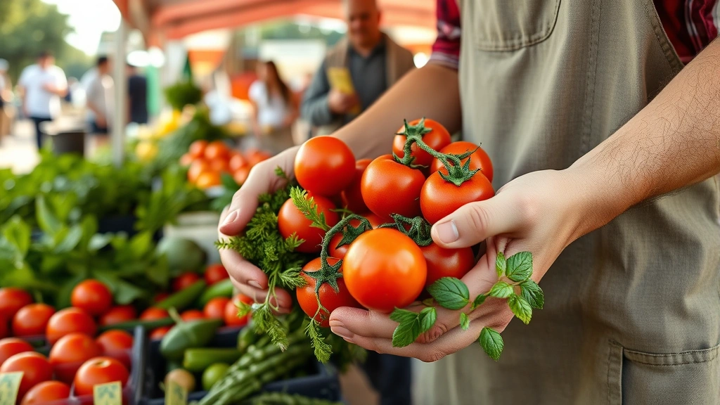 Close-up of farmer's hands holding fresh organic tomatoes and herbs at outdoor market booth, customer shopping in background, natural morning light, authentic commerce scene