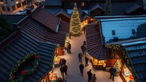 Overhead view of traditional wooden vendor chalets at Christmas market with festive decorations, twinkling lights, and visitors shopping, photorealistic holiday marketplace atmosphere