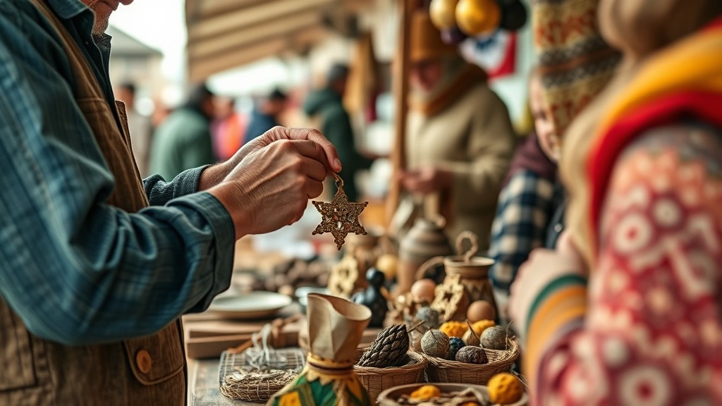 Close-up of artisan craftsperson demonstrating handmade ornament or gift creation to engaged customers at wooden market stall, showing authentic vendor-customer interaction and craftsmanship