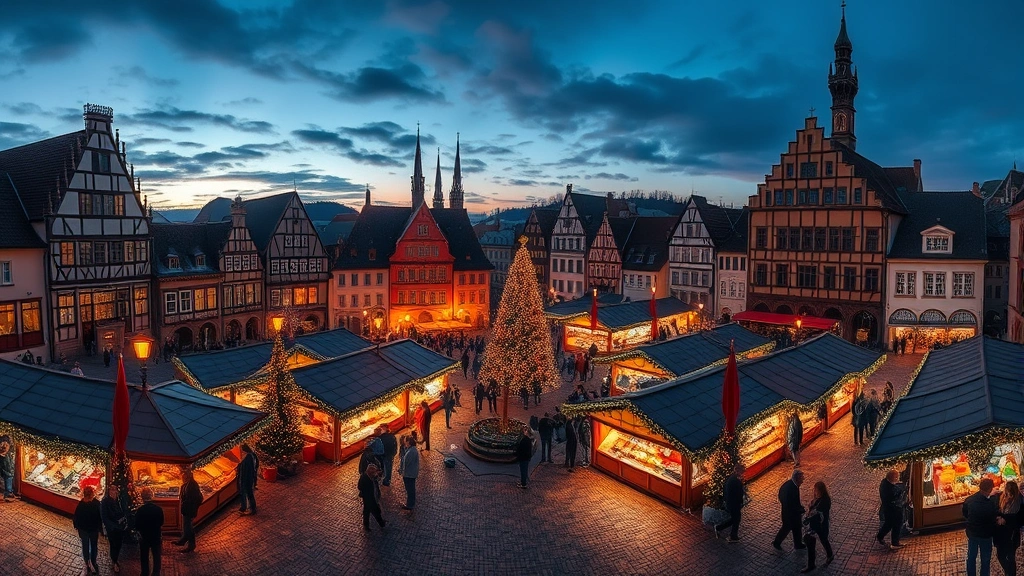 Wide panoramic shot of illuminated medieval town square transformed into Christmas market at dusk, featuring traditional architecture, festive lighting, and bustling crowd of holiday shoppers